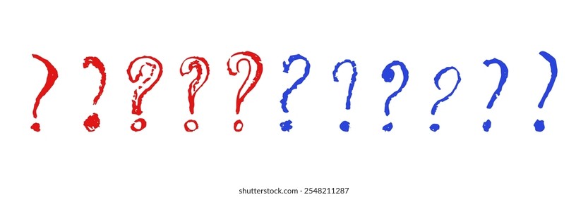 Question mark symbols set. Red and blue pencil school kid handwritten ask signs. Icon collection to highlight an important question in a quiz. Vector sketch or graffiti style question marks