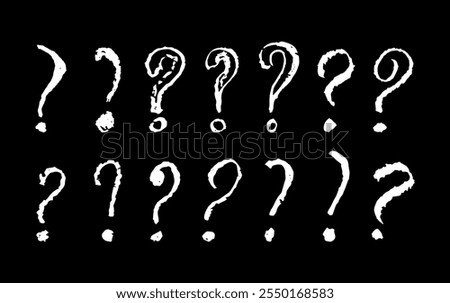 Question mark symbols set. White pencil school kid handwritten ask signs. Icon collection to highlight an important question in a quiz or questionnaire. Vector sketch or graffiti style question marks