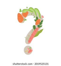 Un signo de interrogación compuesto de comida, verduras, pescado, salchichas. El concepto de alimentación sana, nociva y orgánica. Ilustración vectorial en estilo plano. Aislar en blanco.