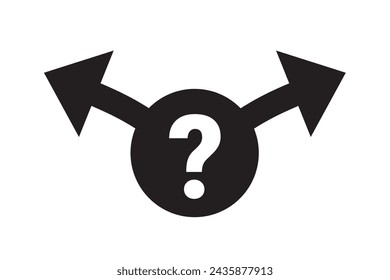 Signo de interrogación y dos flechas - elegir y decidir entre dos opciones, decisiones y direcciones. Opción alternativa y dilema. Ilustración vectorial aislada en blanco.