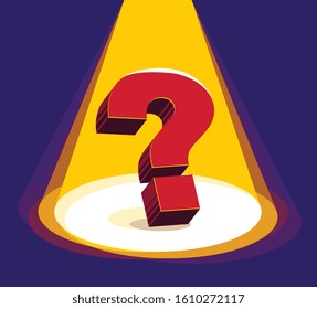 Question mark under highlights of stage spotlight vector 3d illustration.