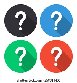 Question mark vector icon - colored(gray, blue, green, red) round buttons with long shadow