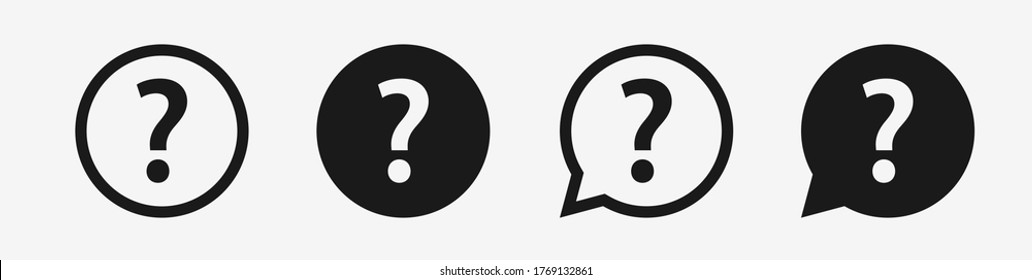 Question mark vector icon set. Black Help speech bubble sign on white background. Concept button of FAQ, query , ask, dialog or support. Isolated flat design illustration.