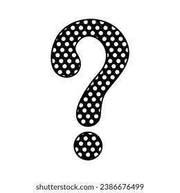 Question mark vector icon with white polka dots or circles texture. Hand drawn black interrogation mark isolated on white background. Punctuation mark, indicating a question. Vector illustration