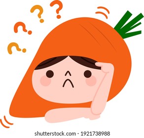 Question mark vegetable character. A child wearing a carrot headgear.