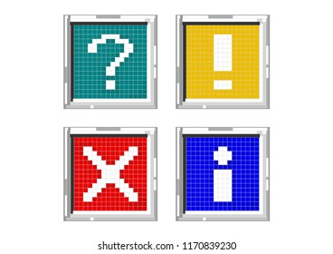 Question mark, warning, error and info icon. A set of standard icons imitating pixels in bright colors. Flat vector.