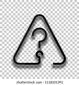 Question mark in warning triangle. Linear icon with thin outline. One line style. Black glass icon with soft shadow on transparent background