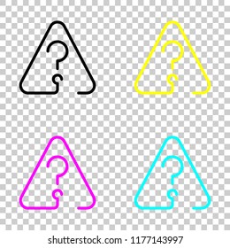 Question mark in warning triangle. Linear icon with thin outline. One line style. Colored set of cmyk icons on transparent background