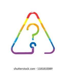 Question mark in warning triangle. Linear icon with thin outline. One line style. Drawing sign with LGBT style, seven colors of rainbow (red, orange, yellow, green, blue, indigo, violet