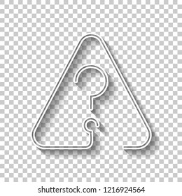 Question mark in warning triangle. Linear icon with thin outline. One line style. White outline sign with shadow on transparent background
