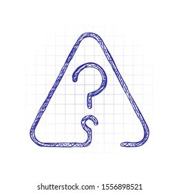 Question mark in warning triangle. Linear icon with thin outline. One line style. Hand drawn sketched picture with scribble fill. Blue ink. Doodle on white background