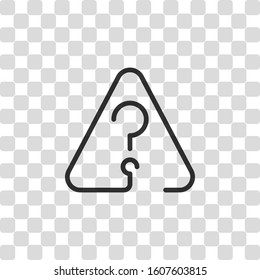 Question mark in warning triangle. Linear icon with thin outline. One line style. Black symbol on transparency grid