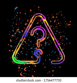 Question mark in warning triangle. Linear icon with thin outline. One line style. Colored ink with splashes on black background