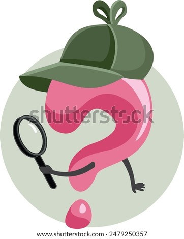 
Question Mark Wearing a Detective Hat Vector Cartoon Character. Inspector investigating with magnifier looking for clues 
