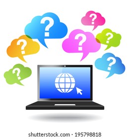 Question mark web and Internet concept with globe icon on a laptop computer and questions mark icons and symbol on colorful clouds. Vector EPS 10 illustration isolated on white background.