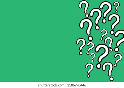 Question mark white signs with black outline stroke random pattern of different sign sizes on a simple green background. Concept for frequently asked questions and Q&A. Vector illustration.
