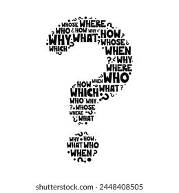 Question mark with question words vector illustration, asking questions, searching for answers, problem-solving process, idea generation