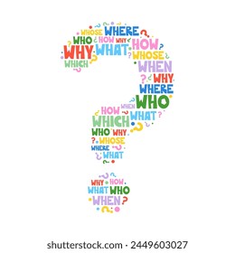 Question mark with question words vector illustration, asking questions, searching for answers, problem-solving process, idea generation