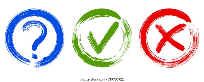 Question mark, X and OK symbols choice icons in round boxes. Query, cross and tick signs, quiz  check marks design. Question, rejection and approval vector checkmarks, decision making or test options.