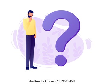 Question mark with young thinking business man. Q and A. FAQ. Frequently asked questions. Flat concept vector illustration for web, landing page, banner, presentation, flyer, poster. Isolated on white