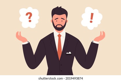 Question mark with young thinking businessman vector illustration. Cartoon confused male office worker character standing with dilemma near question and exclamation mark in clouds background