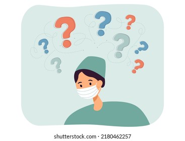 Question marks above doctor in facial mask. Therapist thinking, looking for solution to problem flat vector illustration. Medicine, brainstorm concept for banner, website design or landing web page