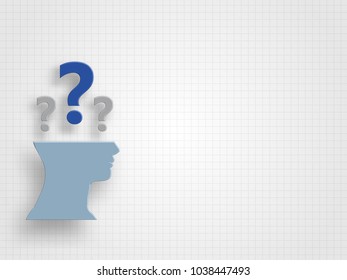 Question marks above human head model represent design thinking and innovation concept. Vector illustration.
