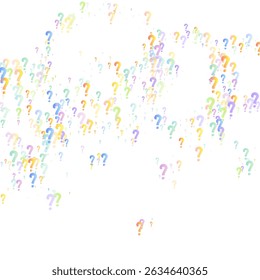 Question marks. Background for quiz, poll, survey, faq, interrogation, query. Multicolored template for opinion, public poll. Funny School vector illustration rainbow color on white background.
