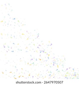 Question marks. Background for quiz, poll, survey, faq, interrogation, query. Multicolored template for opinion, public poll. Funny School vector illustration rainbow color on white background.