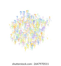 Question marks. Background for quiz, poll, survey, faq, interrogation, query. Multicolored template for opinion, public poll. Funny School vector illustration rainbow color on white background.