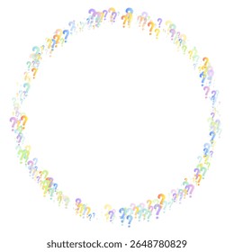 Question marks. Background for quiz, poll, survey, faq, interrogation, query. Multicolored template for opinion, public poll. Funny School vector illustration rainbow color on white background.