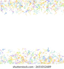 Question marks. Background for quiz, poll, survey, faq, interrogation, query. Multicolored template for opinion, public poll. Funny School vector illustration rainbow color on white background.