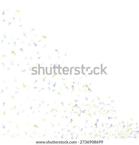 Question marks. Background for quiz, poll, survey, faq, interrogation, query. Multicolored template for opinion, public poll. Funny School vector illustration rainbow color on white background.