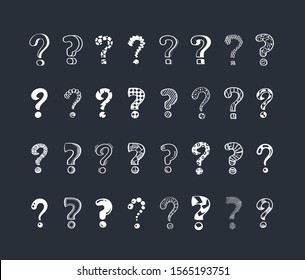 Question marks cartoon white vector illustrations set. Monochrome creative asking, problem, doubt and confusion symbols. Stylized doodle question signs collection isolated on black background