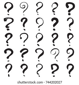 Question marks. Collection of 25 hand painted interrogation marks isolated on a white background. Vector illustration