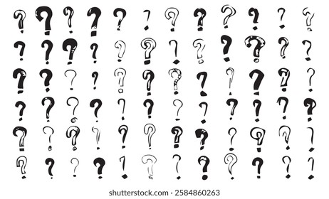 Question marks collection on white background, black question marks drawn in ink, riddles and quizzes concept, question marks doodle icons bundle, hand drawn signs interrogation, scribble symbols
