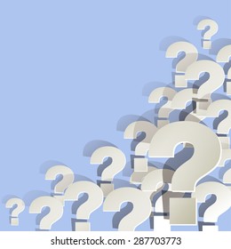 question marks in the corner on a lilac background