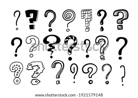 Question marks. Doodle hand drawn isolated set of interrogation signs, graphic inky punctuation icons. Vector collection of black and white asking symbols for expressing misunderstandings and doubts