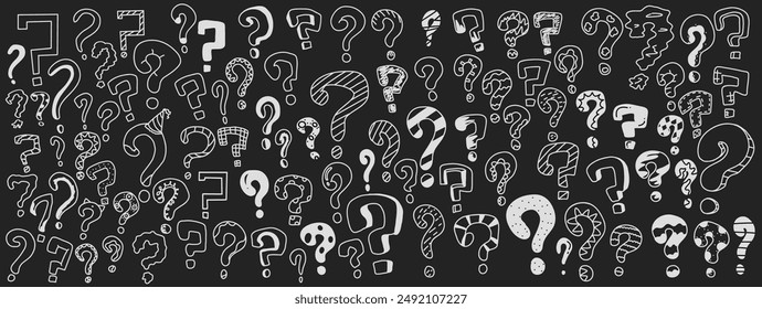 Question marks doodle icons bundle in negative space. Charming set of icons in monochrome perfect for riddles quizzes and mystery themes