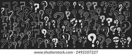 Question marks doodle icons bundle in negative space. Charming set of icons in monochrome perfect for riddles quizzes and mystery themes