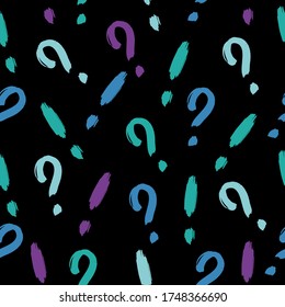 Question marks and exclamation marks seamless pattern. Vector illustration.  Hand drawn questions on black background.