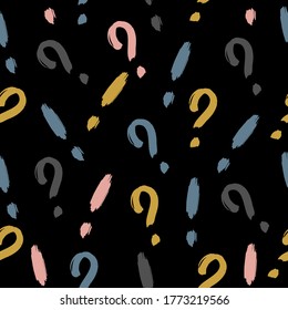 Question marks and exclamation marks seamless pattern. Doodle style. Collection of icons and signs Why. Hand drawn questions on black background.