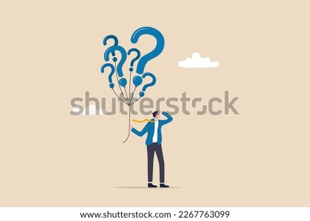 Question marks, finding solution or search for answer, solving problem or curiosity, questionnaire, FAQ or uncertainty concept, doubtful businessman holding question marks balloon look for solutions.