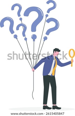 Question marks, finding solution or search for answer, solving problem or curiosity, questionnaire, FAQ or uncertainty concept, doubtful businessman holding question marks balloon look for solutions.
