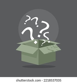 Question marks inside a glowing orb comes out of a hovering green box. Mystery box concept. Flat style illustration. Isolated. 