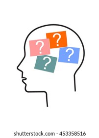 Question marks inside a head. Decision making and reasoning concept