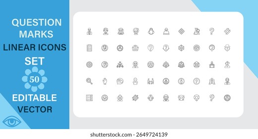 Question marks linear icons set. Puzzle, mystery, problem and more. Outline vector icon in linear style. Editable stroke. Vector illustration.
