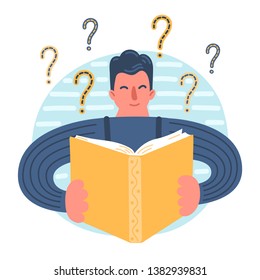 Question marks. Man reading book and question marks. Hand drawn man holding book. Flat style vector illustration.