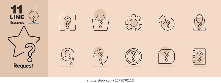 Question marks on star, shopping basket, gear, bag, and notebook. Relates to search, inquiry, and user-focused solutions