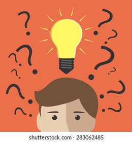 Question marks and one glowing light bulb above head of young man or boy. Insight, inspiration, eureka, aha moment, making decision, thinking concept. EPS 10 vector illustration, no transparency